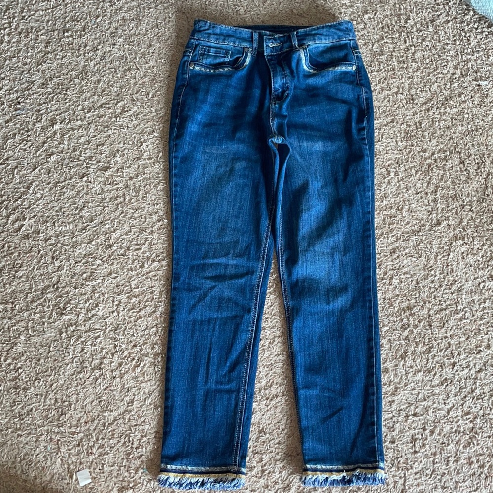 High waisted medium wash  embellished fringe